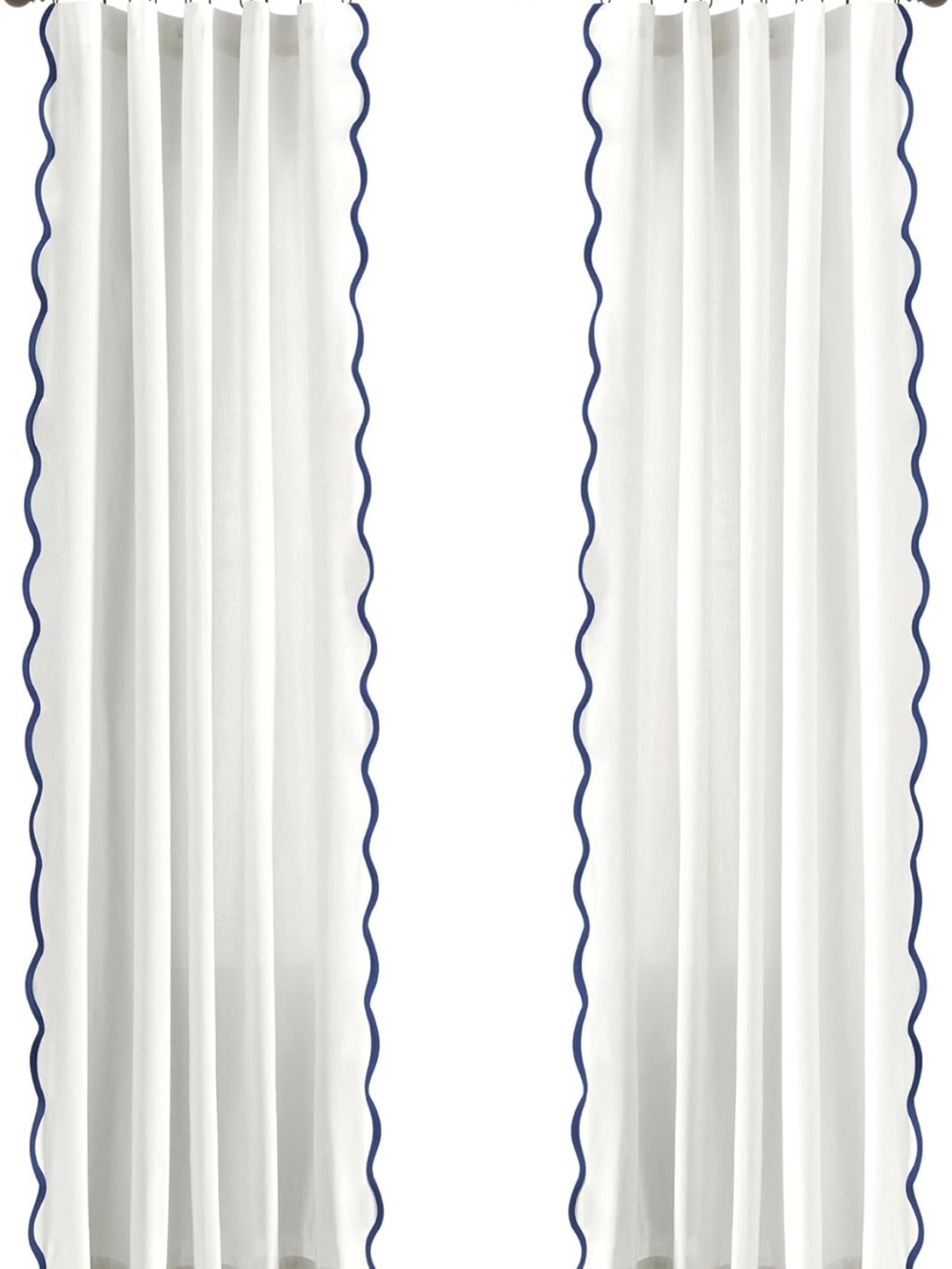 White Sheer Curtain Panels with Navy Scalloped Edge
